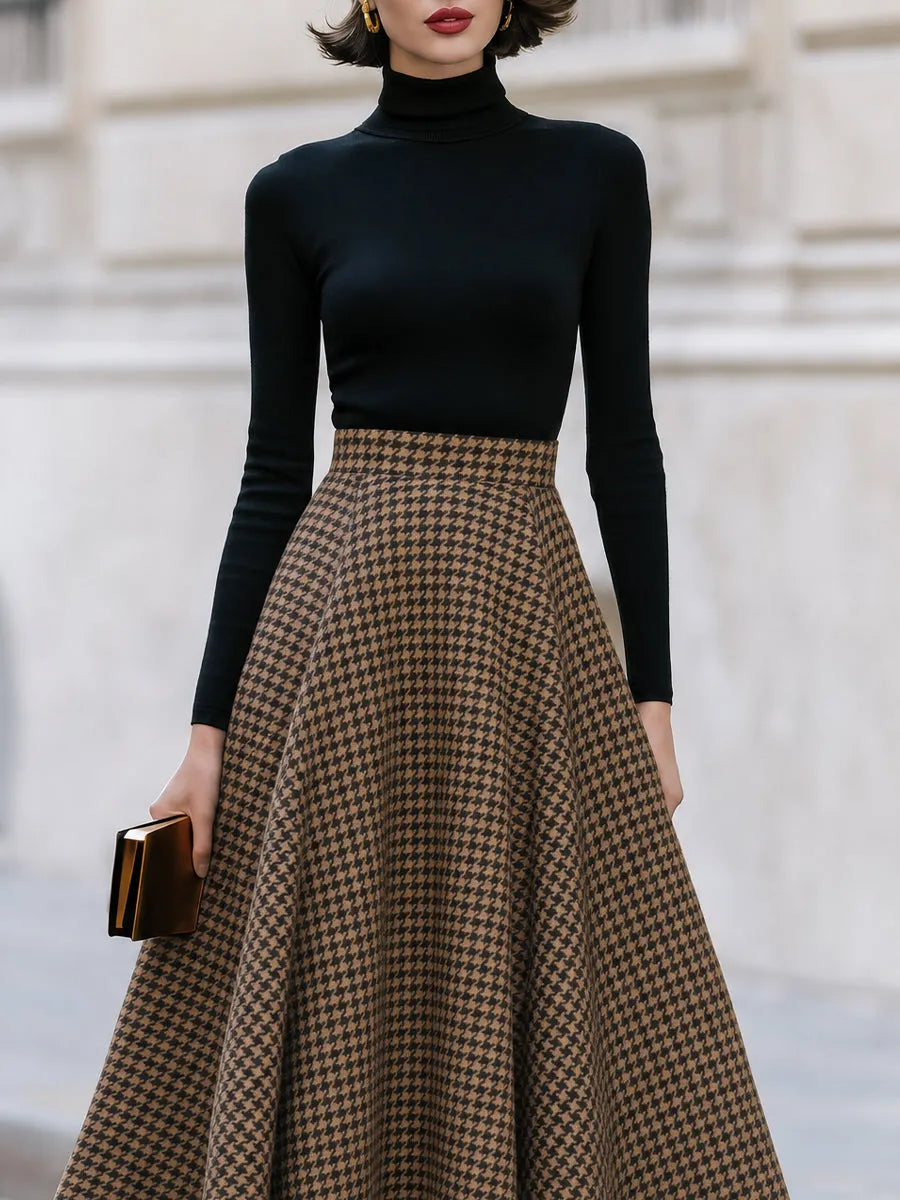 Houndstooth Print Contrast Turtleneck Long Sleeve Midi Dress