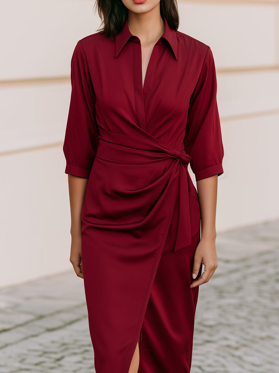 Collared 3/4 Sleeve Wrap Tie Waist Satin Midi Shirt Dress