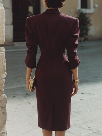 Gold Button Sculpted Sleeve Blazer Midi Dress