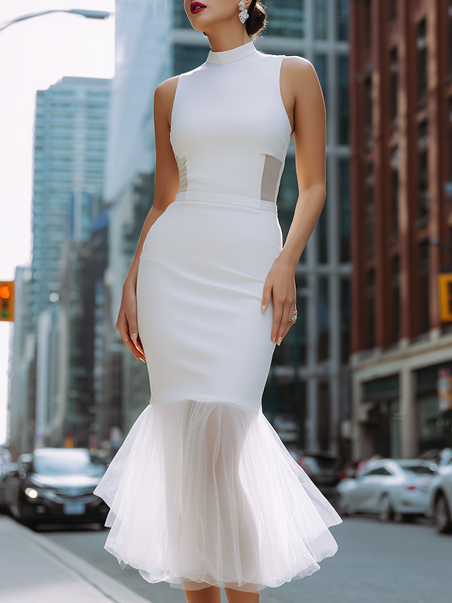Elegant Mesh Hem Mermaid Midi Dress