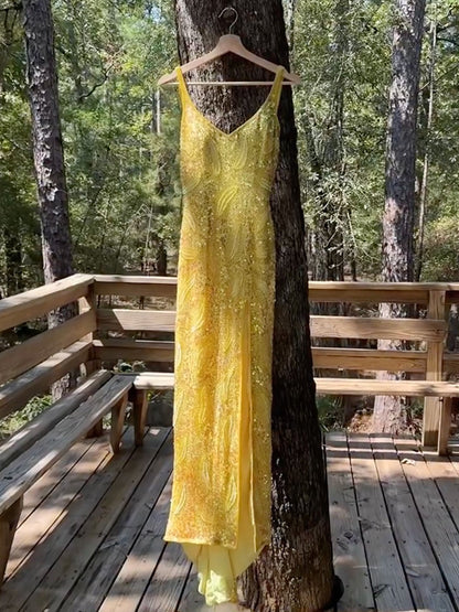 shiny Sequinned Flower Sleeveless Spaghetti-Neck Mesh Maxi Dresses Fairytale Dress