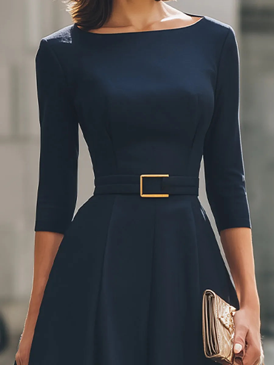 Belted Boat Neck A-Line Midi Dress