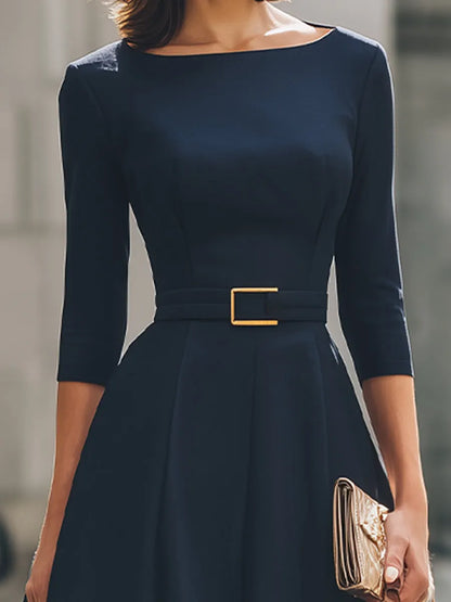 Belted Boat Neck A-Line Midi Dress