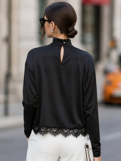 Lace-Trimmed Turtleneck Relaxed Blouse