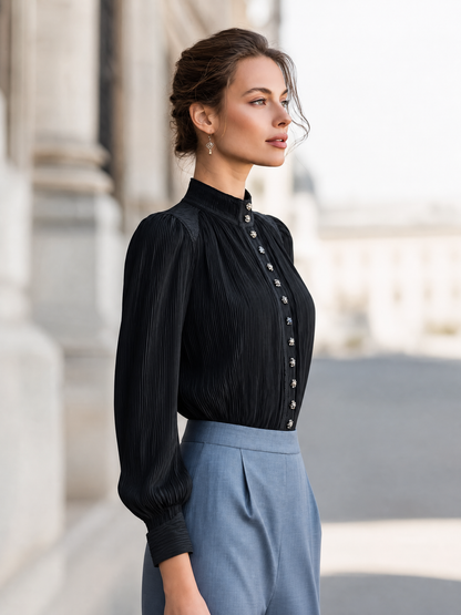 Pleated Stand Collar Front Buttons Blouse