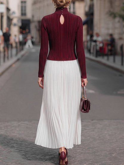 Pleated Mock-Neck Top & Maxi Skirt Set