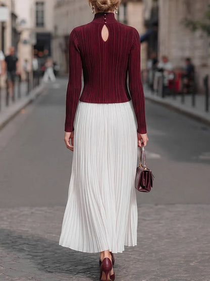 Pleated Mock-Neck Top & Maxi Skirt Set