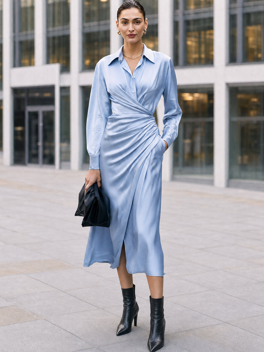 Satin Wrap Midi Dress with Collar and Long Sleeves