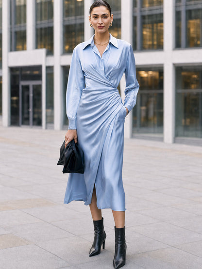 Satin Wrap Midi Dress with Collar and Long Sleeves