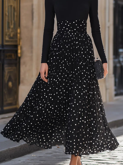 Turtleneck Top And Polka Dot Pleated Maxi Skirt Set