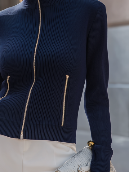 Zip-Front Ribbed Knit Jacket Top