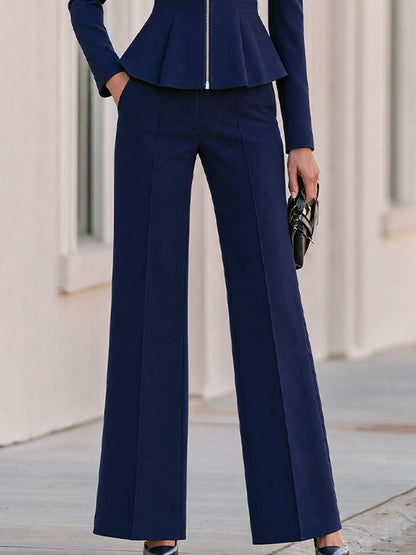 Stand Collar Zip Front Peplum Blazer & High Waist Wide Leg Pants Two-Piece Suit