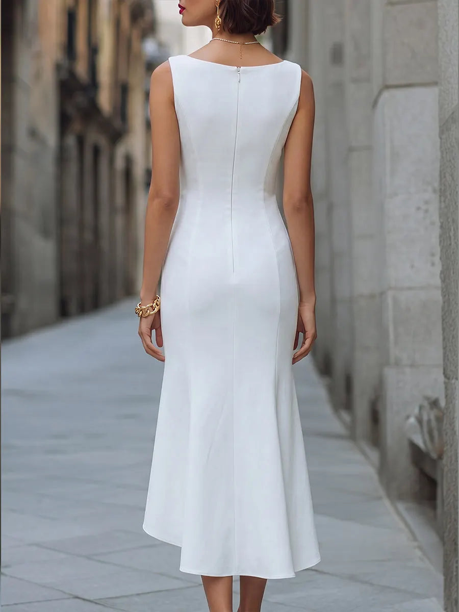 Sleeveless Boat-Neck Asymmetric High-Low Midi Dress