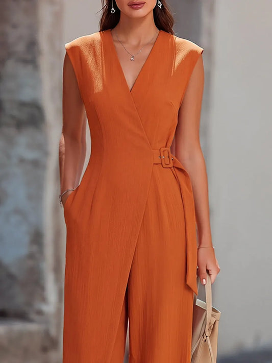 Sleeveless Wrap-Front Belted Jumpsuit