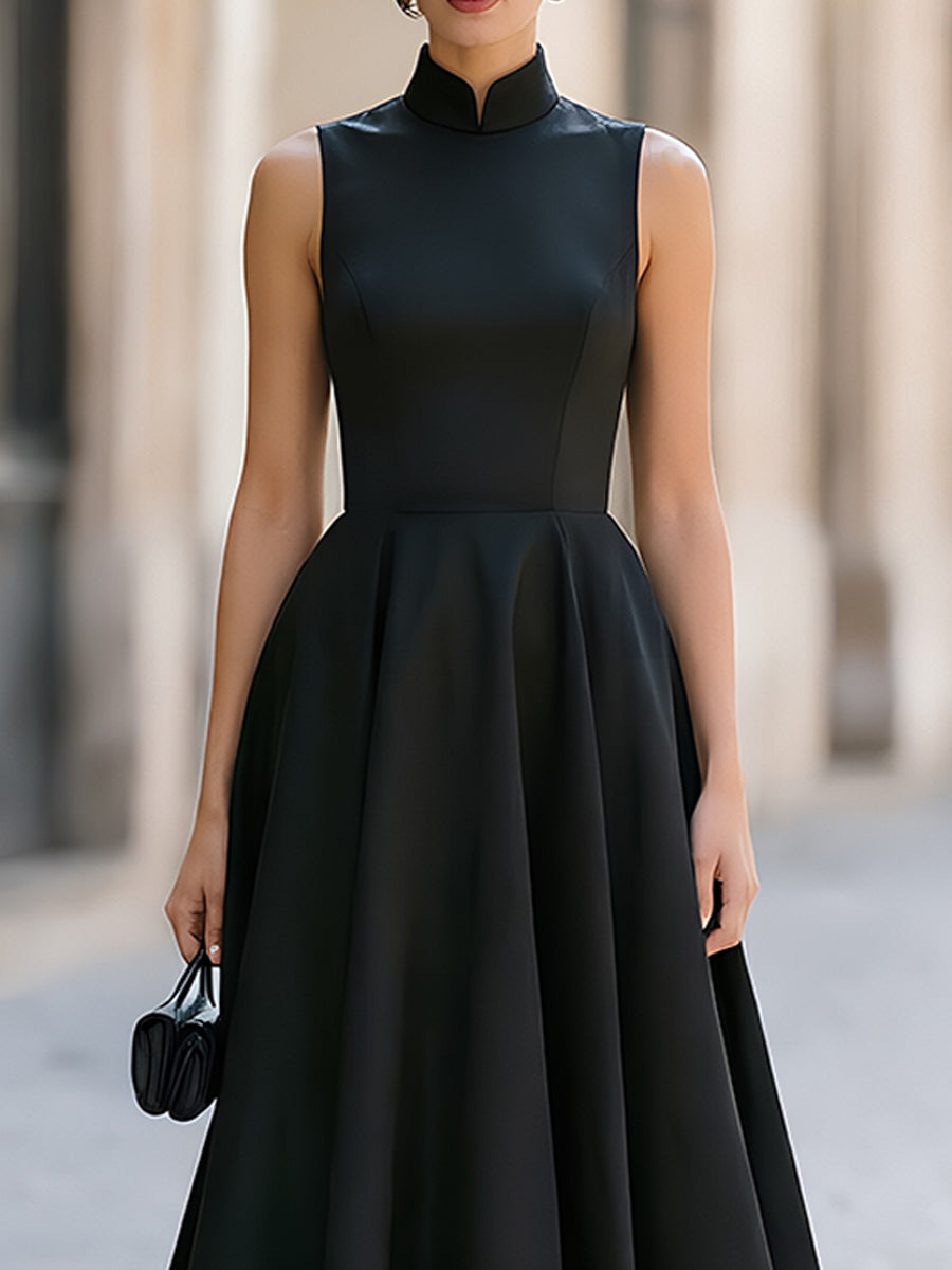 Mandarin Collar Sleeveless Fit & Flare Midi Dress