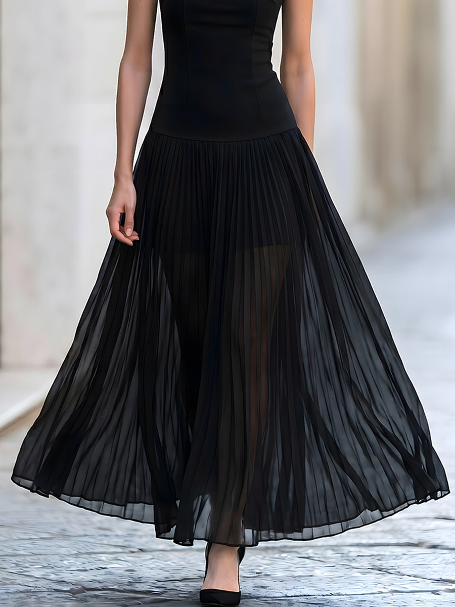 Sleeveless Boat Neck Pleated Tulle Maxi Dress