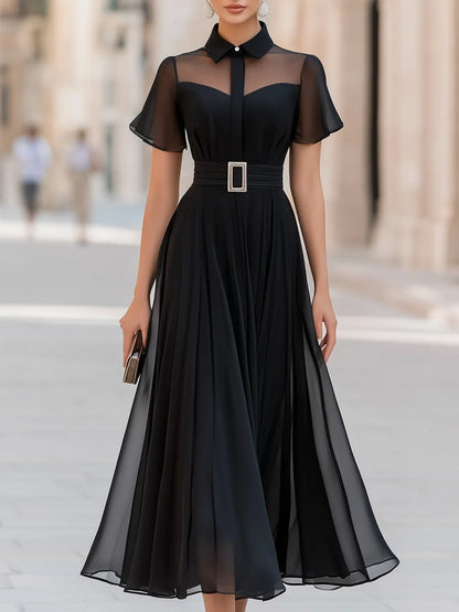 Semi-sheer Yoke Belted Chiffon Midi Dress