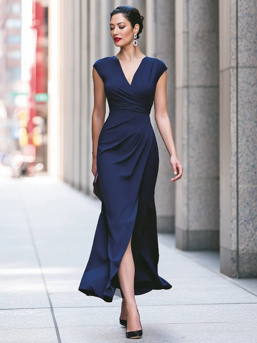 Surplice Cap-Sleeve Draped Maxi Dress