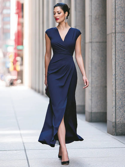 Surplice Cap-Sleeve Draped Maxi Dress