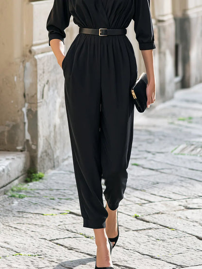 Shirt Collar Belted Draped Utility Jumpsuit