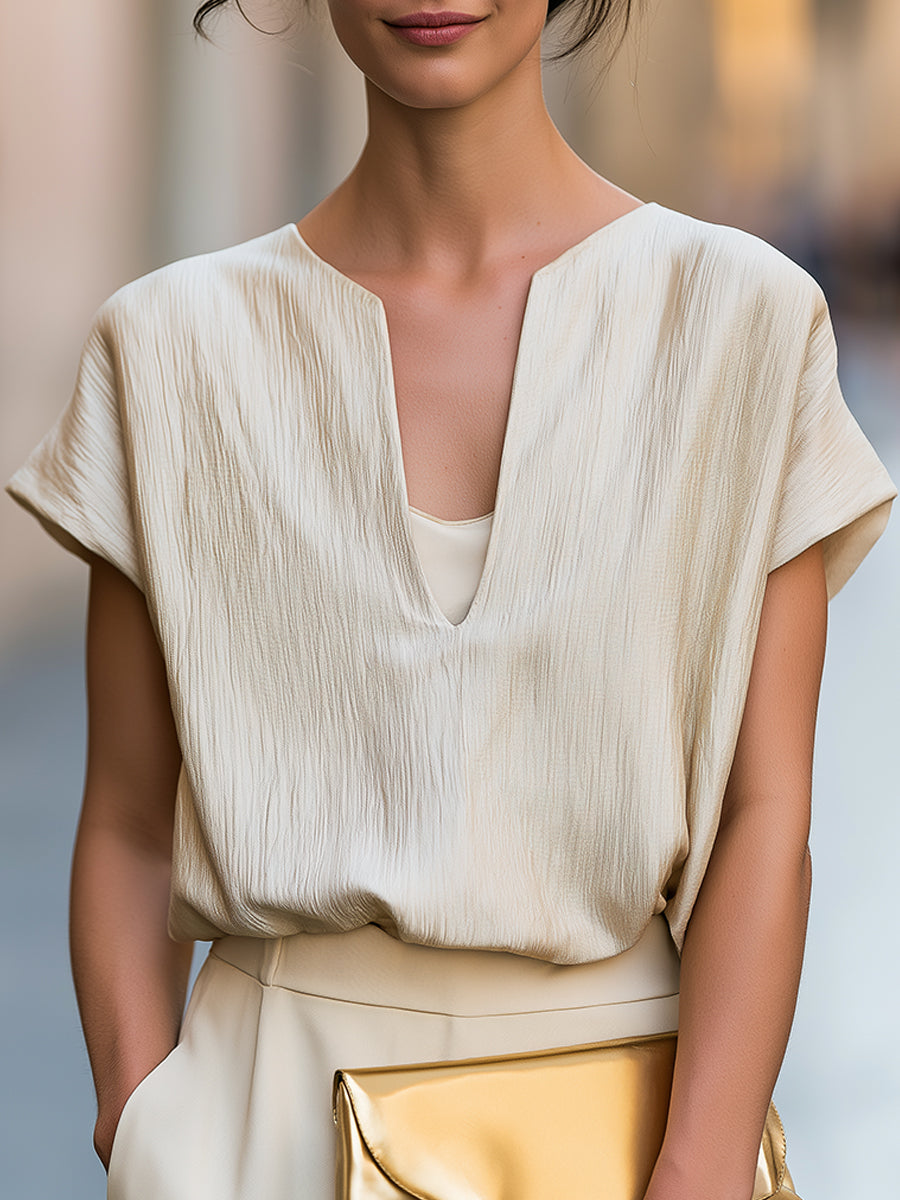 Minimalist Textured V-Neck Blouse With Relaxed Short Sleeves