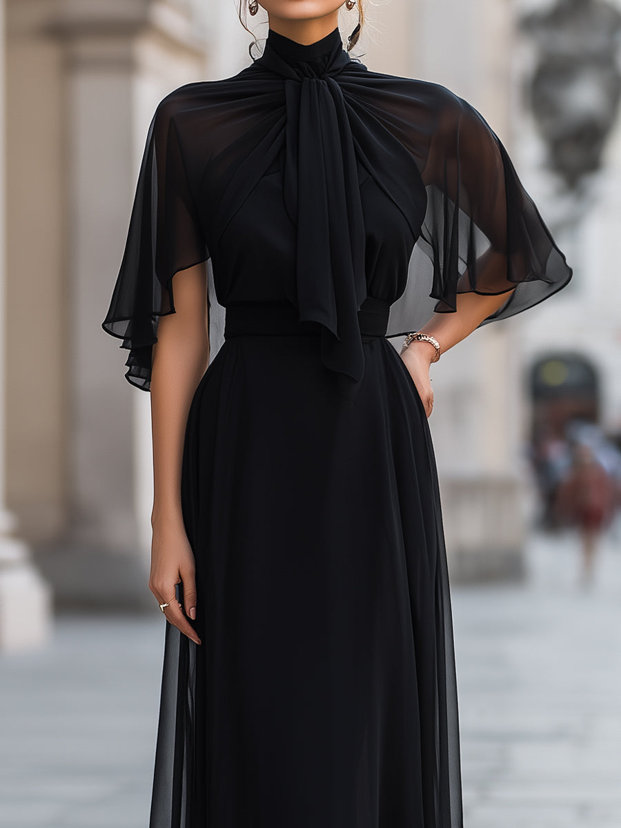 Sheer Tie-Neck Maxi Dress With Flutter Sleeves And Layered Skirt
