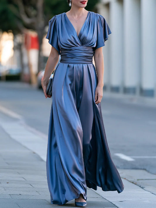 Vestido Maxi de Cetim com Decote V, Manga Flutter e Amarração na Cintura