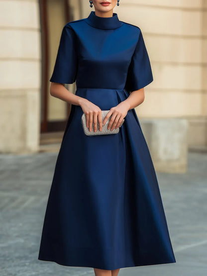Mock Neck Short Sleeve Glossy Satin Tailored Waist Full A-Line Midi Dress