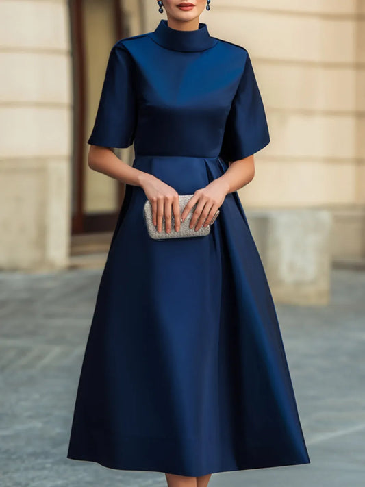 Mock Neck Short Sleeve Glossy Satin Tailored Waist Full A-Line Midi Dress