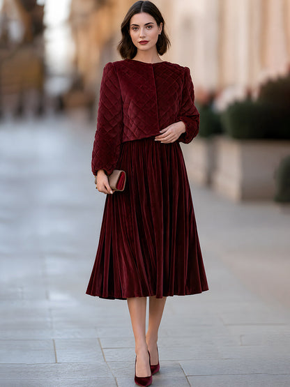 Quilted Velvet Jacket & Pleated Midi Skirt Set