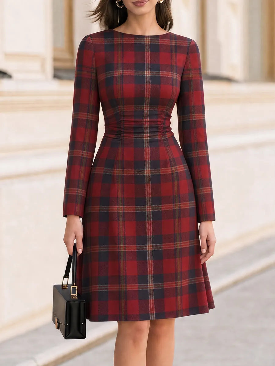 Round Neck Long Sleeve Waist Gathered A‐Line Midi Dress