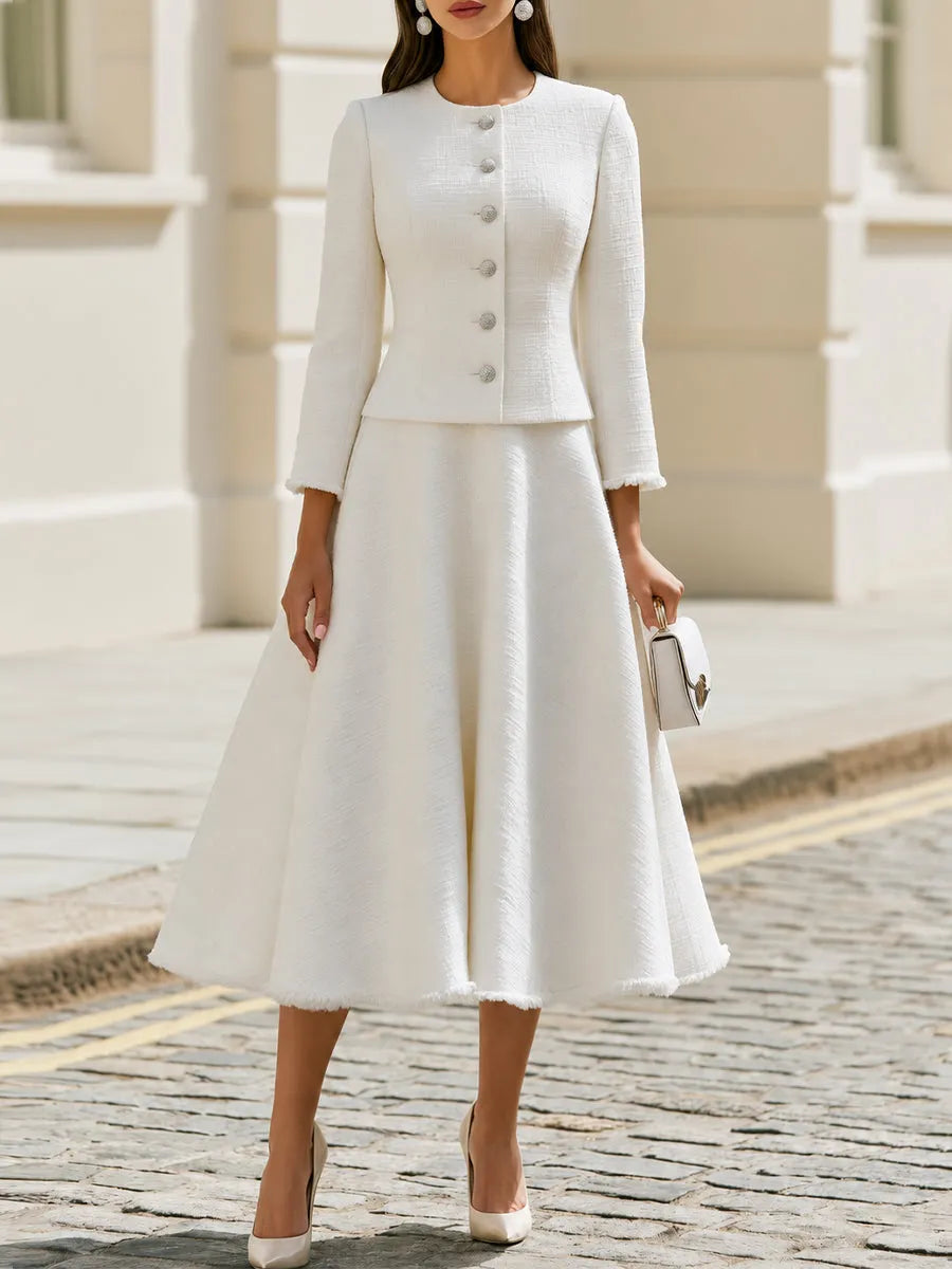 Round Neck Fringe Trim Tweed Jacket & Midi A-Line Skirt Two-Piece  Suit