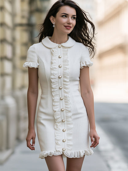 Elegant Ruffle Trim Pearl Button Mini Dress