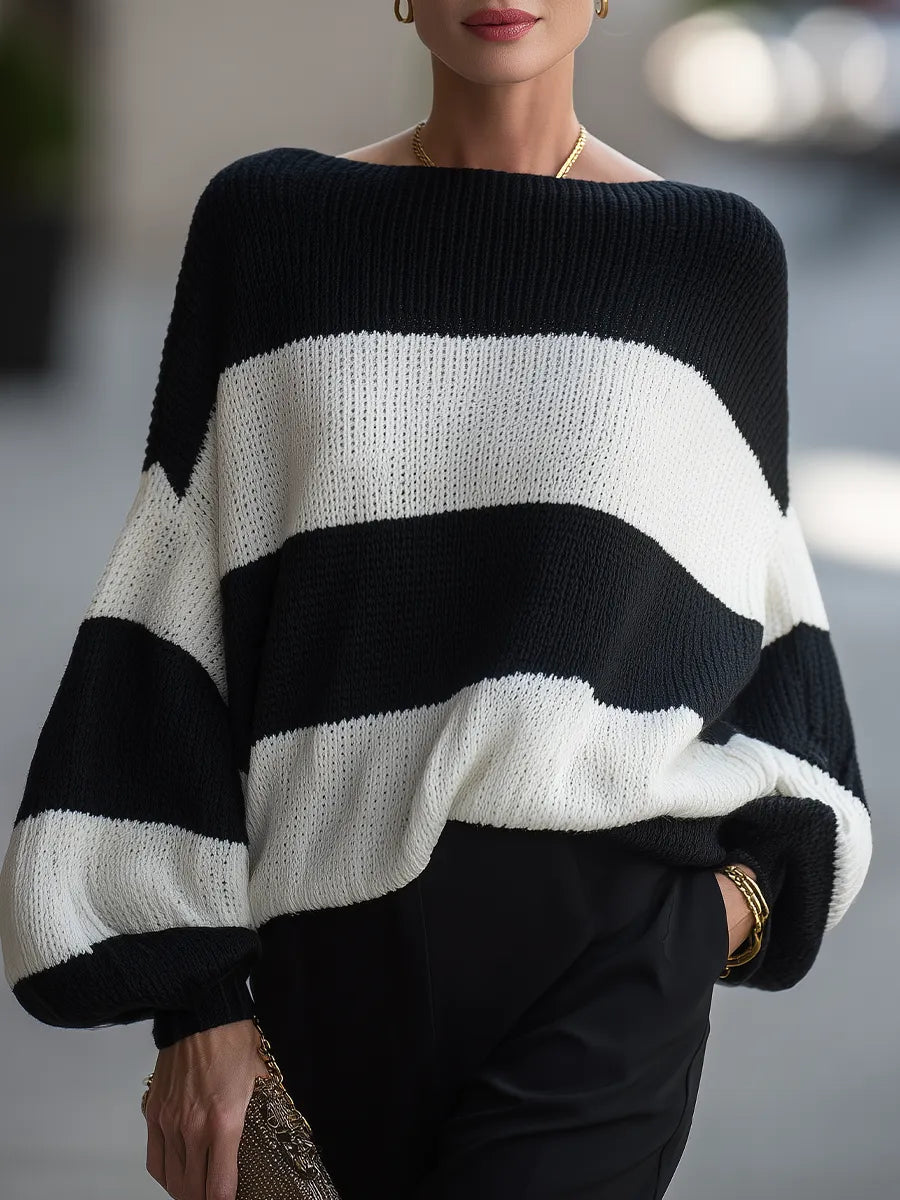 Women's Off-Shoulder Striped Chunky Knit Oversized Sweater