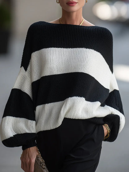 Women's Off-Shoulder Striped Chunky Knit Oversized Sweater