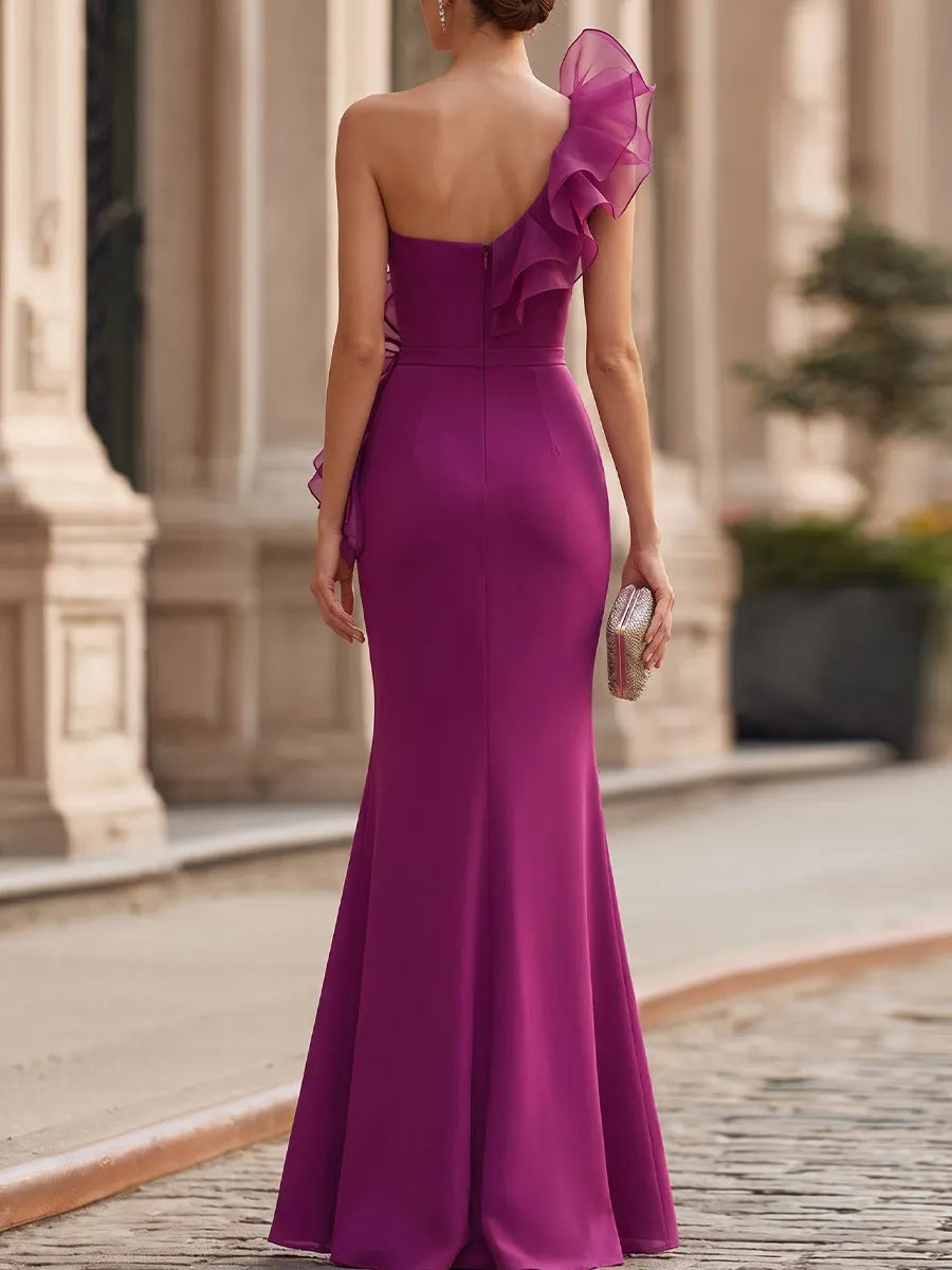 Elegant Magenta Single Shoulder Organza Ruffle Bodycon Mermaid Prom Formal Dress