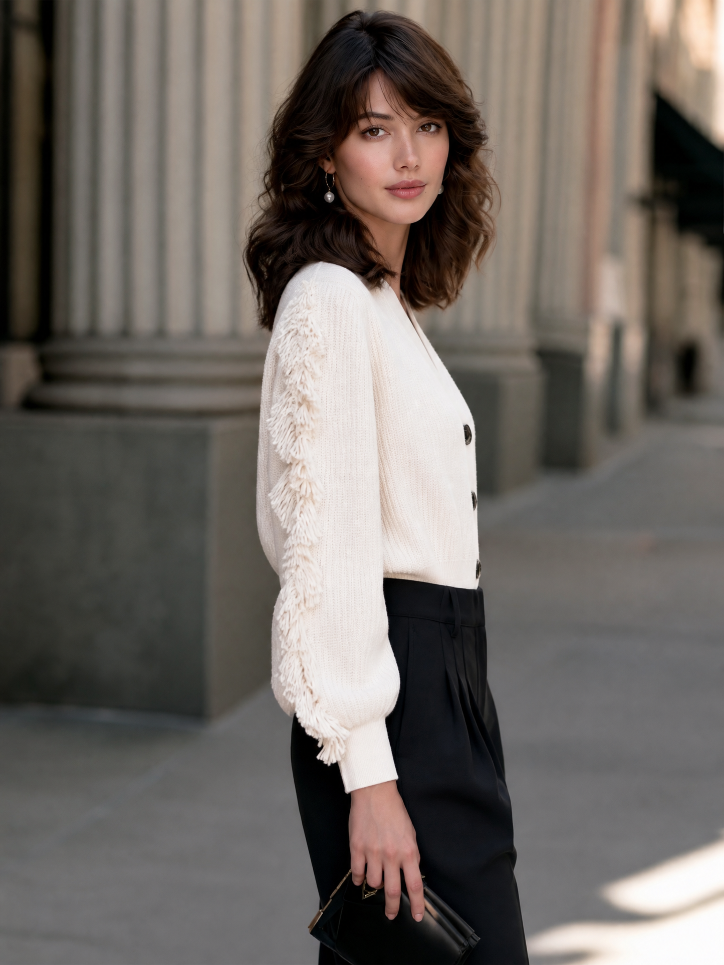 Fringe Sleeve Button-Up Knit Cardigan