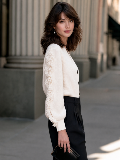 Fringe Sleeve Button-Up Knit Cardigan
