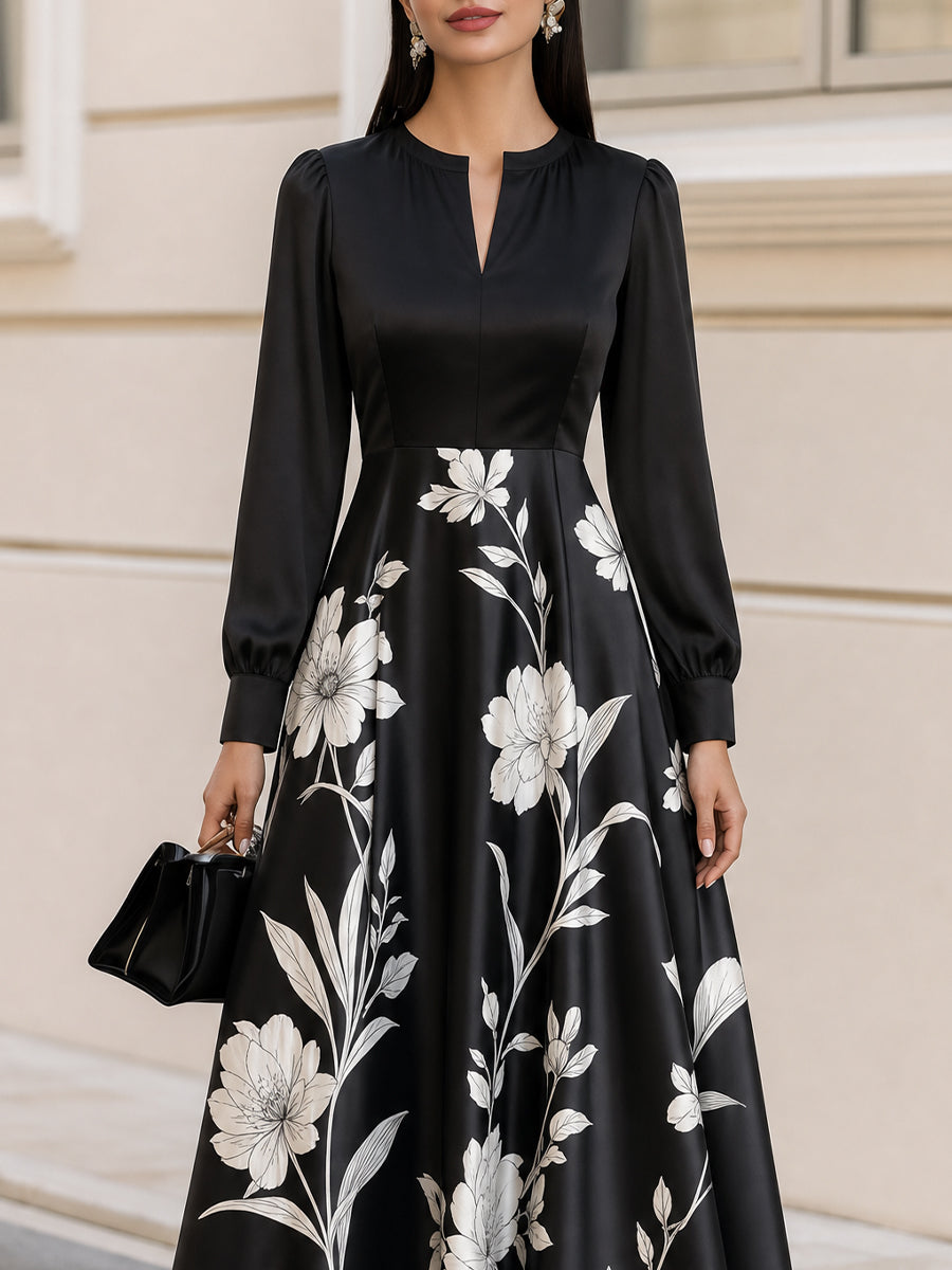Floral Print Notched Neck Long Sleeve A-Line Midi Dress