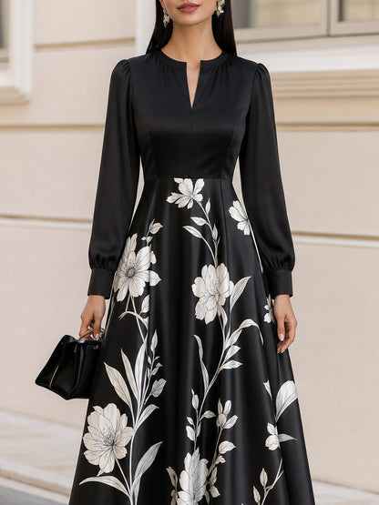 Floral Print Notched Neck Long Sleeve A-Line Midi Dress