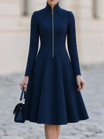 Stand  Neck Front  Zip Long Sleeve  Flared Midi Swing A-Line Dress