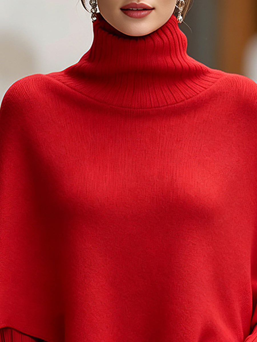 Turtleneck Asymmetrical Knit Poncho Sweater