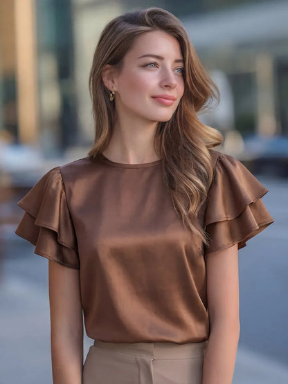 Double-Layer Ruffle-Sleeve Satin Blouse