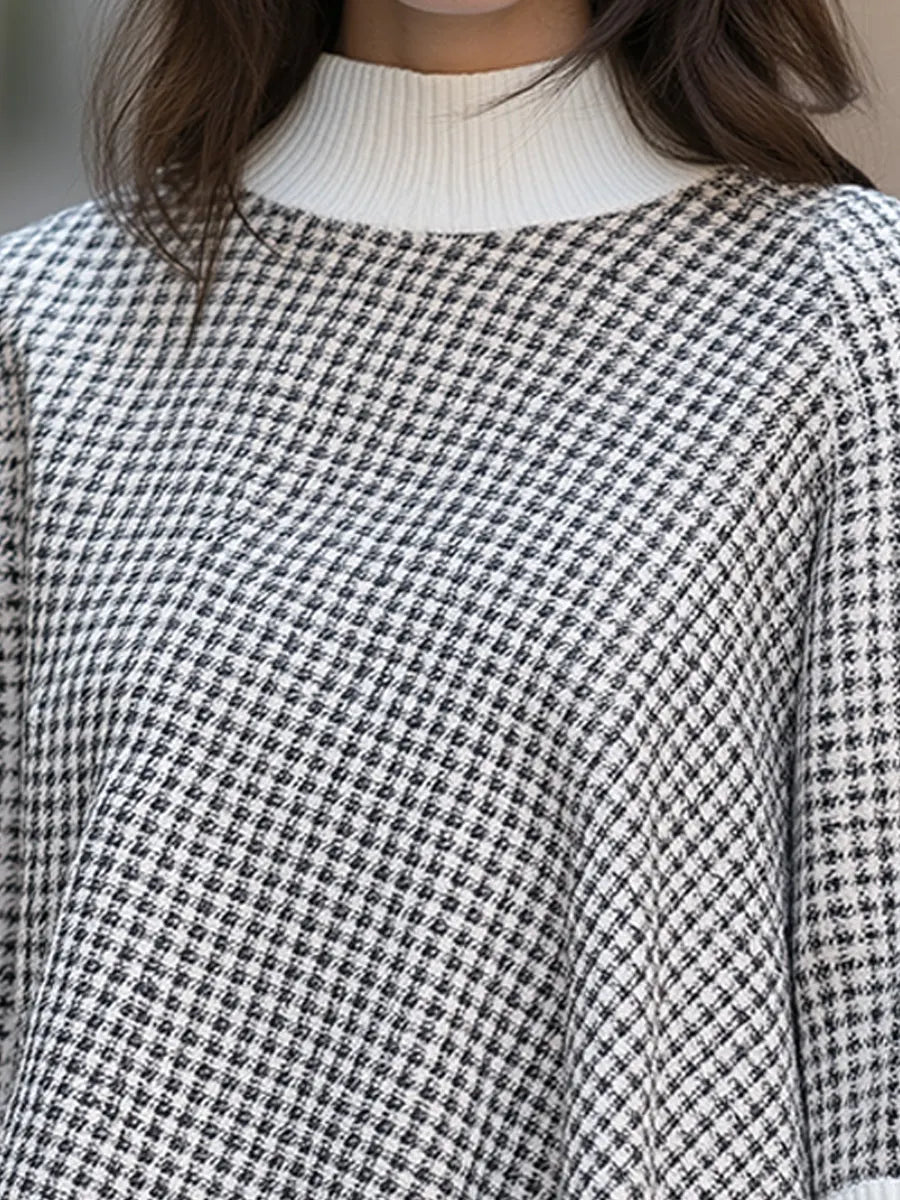 Houndstooth Spliced Knit Sweater Asymmetric Hem Mock Neck Batwing Top