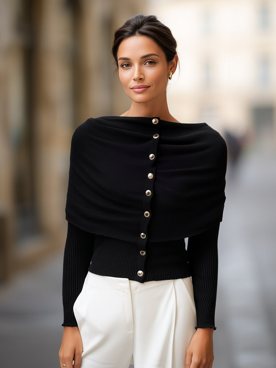 Boat-Neck Button-Down Draped Knit Sweater