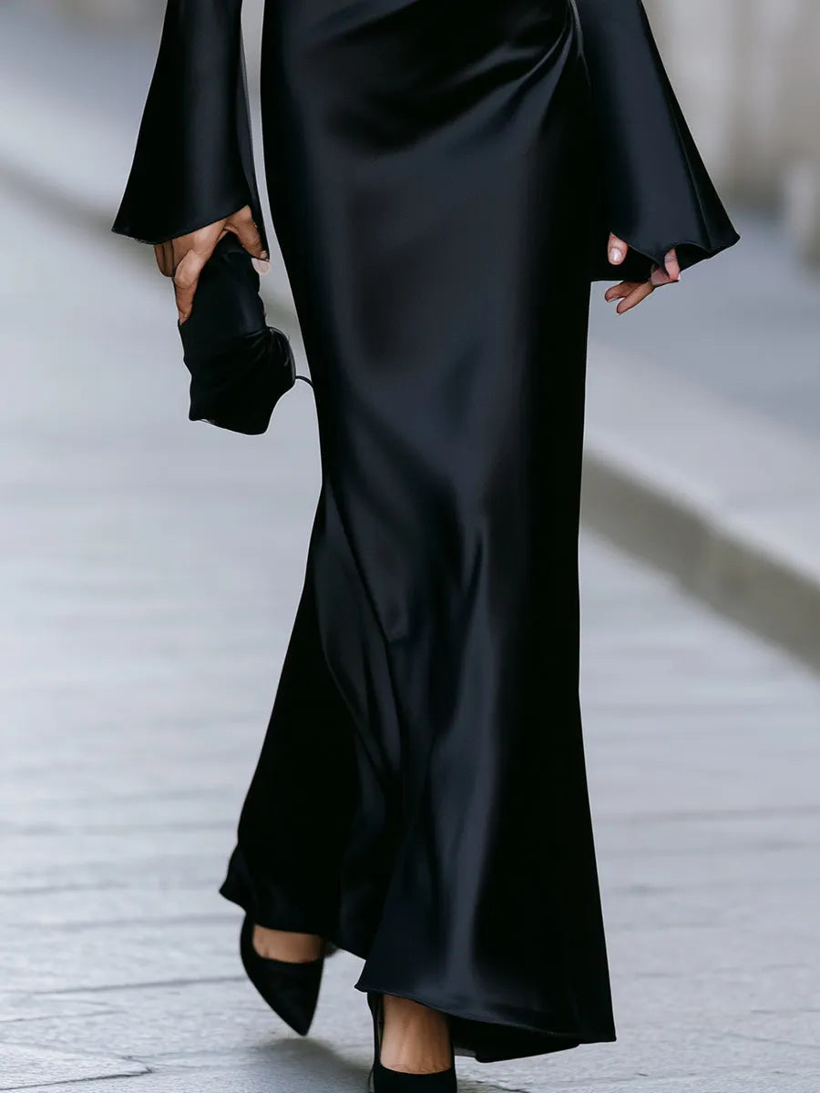 Elegant Black Satin Square Neck Flared Cuff Bodycon Maxi Dress