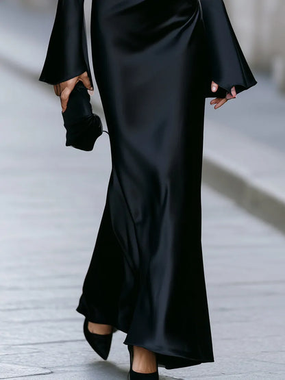 Elegant Black Satin Square Neck Flared Cuff Bodycon Maxi Dress