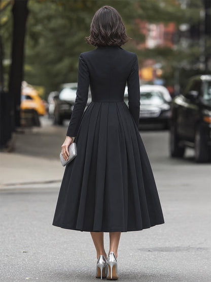 High-Collar V-Neck Pleated Midi Shirt Dress
