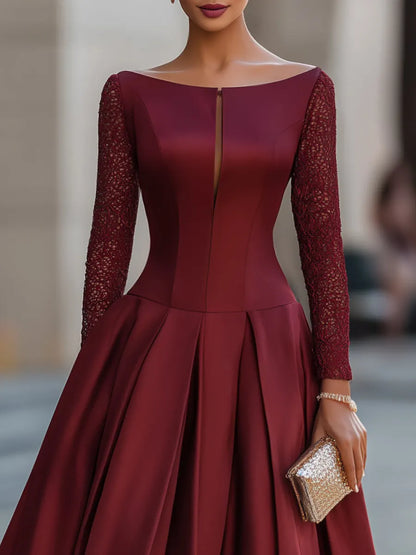 Bateau Neckline Satin Lace Sleeve Midi Dress