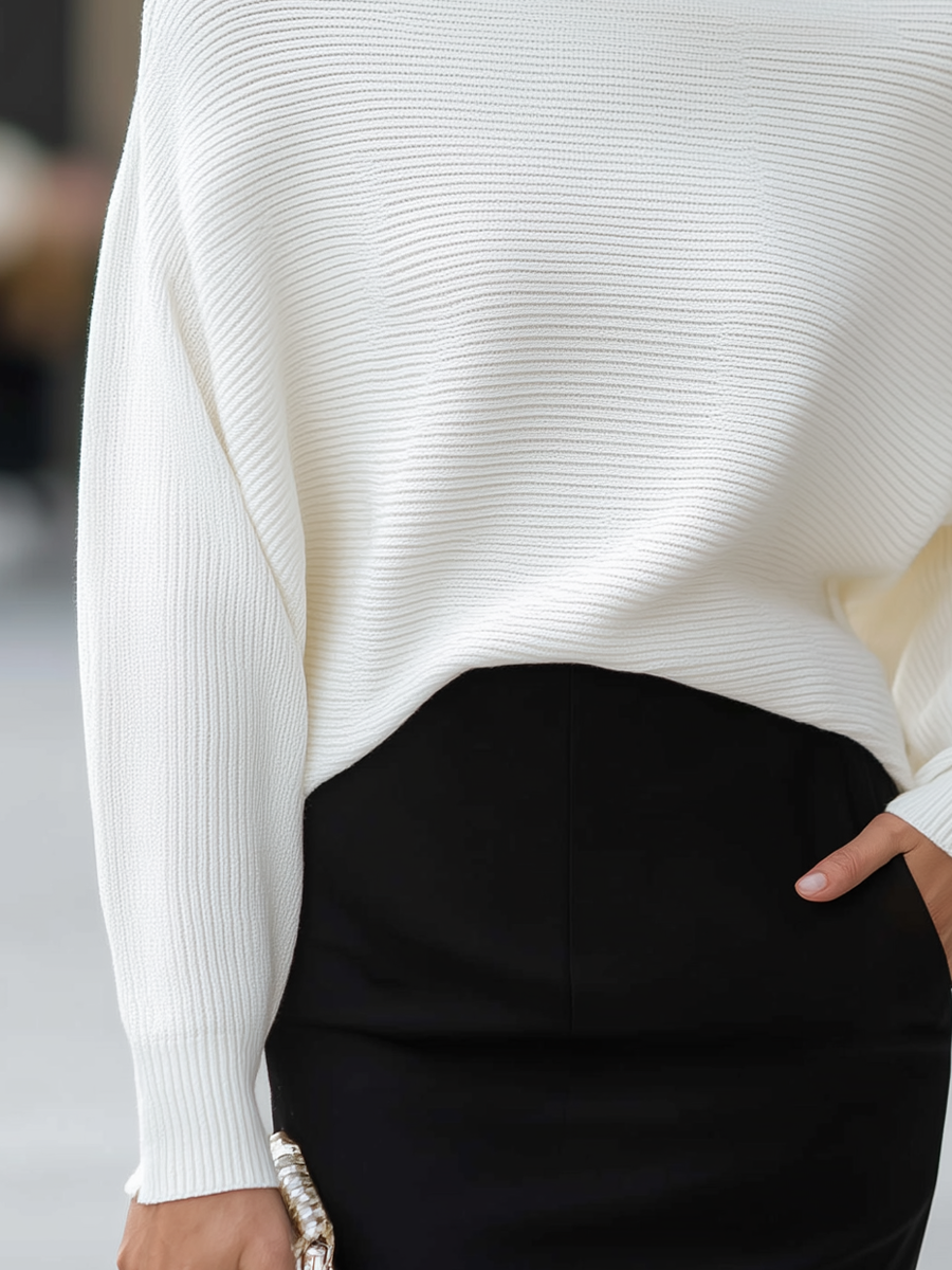 Boat-Neck Dolman Sleeve Ribbed Knit Sweater